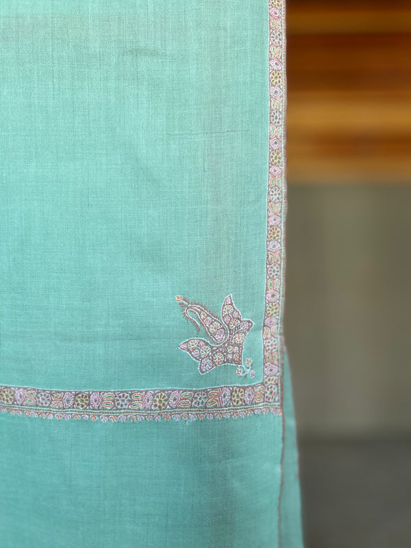 Turquoise Green Small Border Sozni Embroidery Handwoven Cashmere Pashmina Scarf