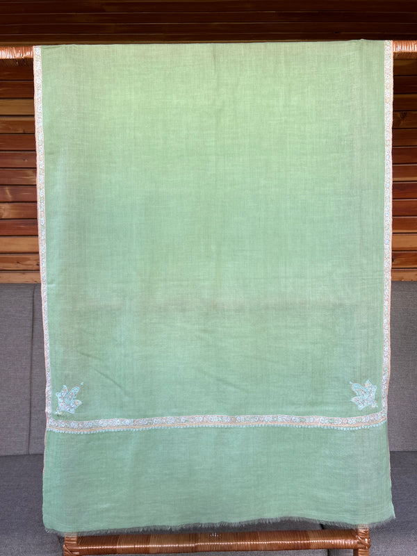 Mint Green Small Border Sozni Embroidery Handwoven Cashmere Pashmina Scarf