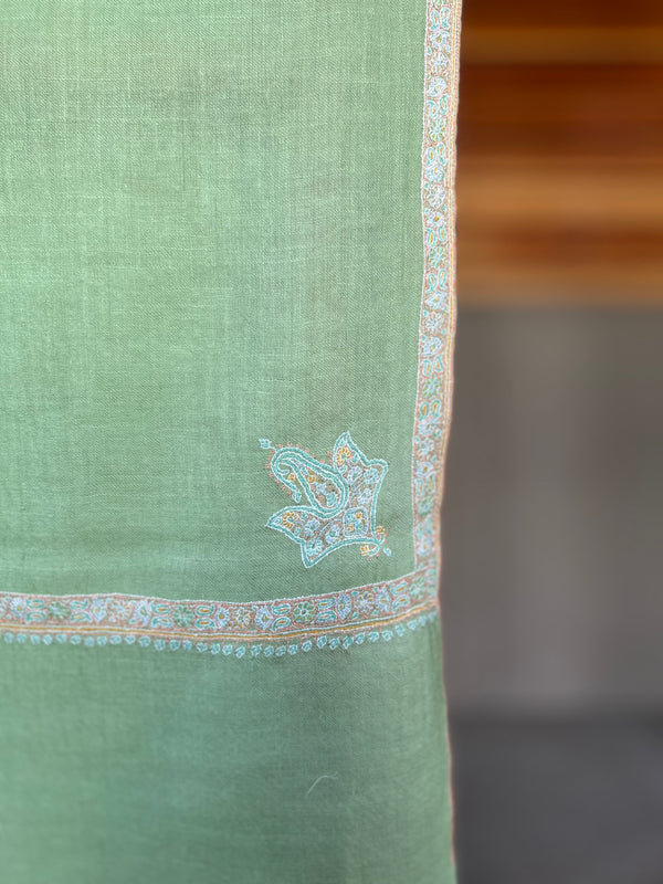 Mint Green Small Border Sozni Embroidery Handwoven Cashmere Pashmina Scarf