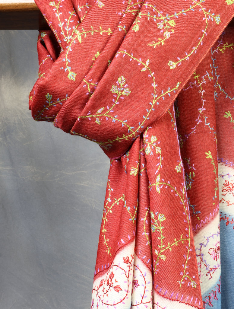Triple Dye Sozni Embroidery Merino Wool Scarf