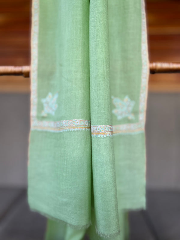 Mint Green Small Border Sozni Embroidery Handwoven Cashmere Pashmina Scarf