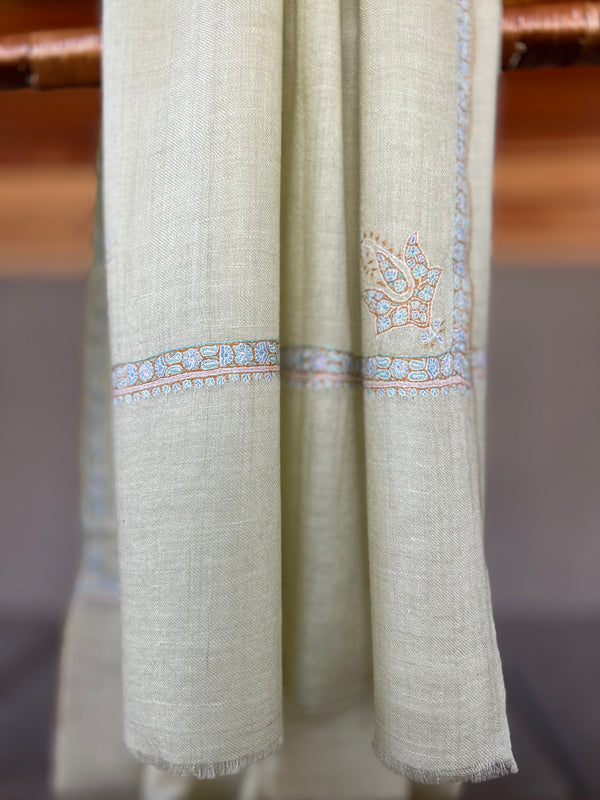 Ivory Small Border Sozni Embroidery Handwoven Cashmere Pashmina Scarf