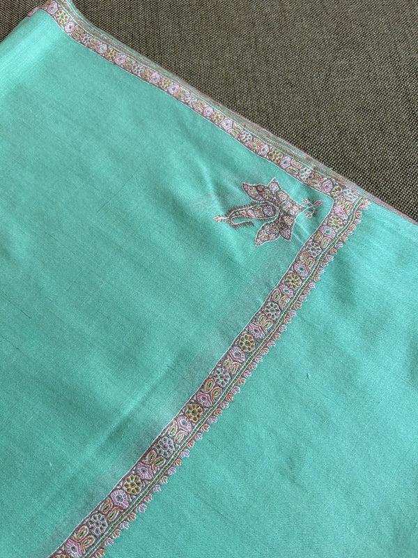 Turquoise Green Small Border Sozni Embroidery Handwoven Cashmere Pashmina Scarf
