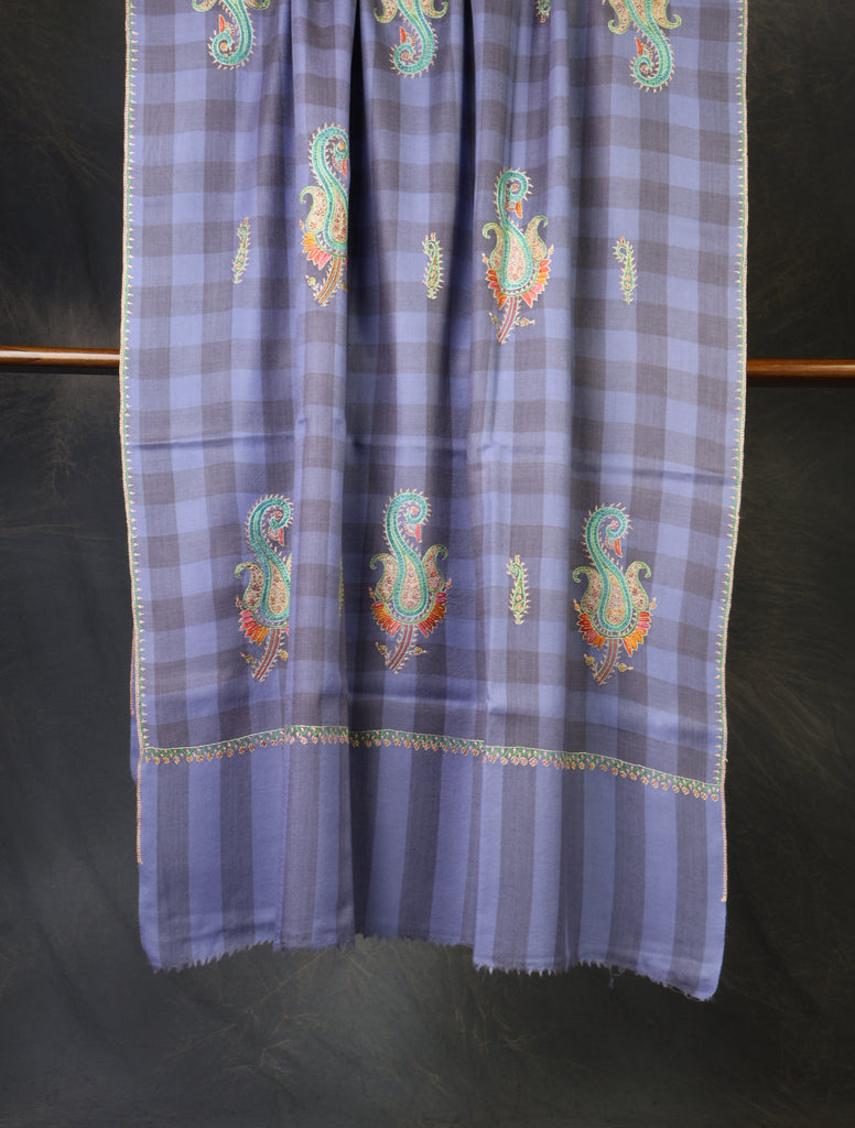 Purple And Grey Checked Base Paisley Merino Embroidery Shawl