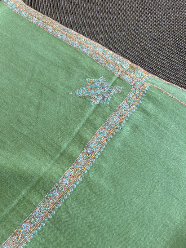 Mint Green Small Border Sozni Embroidery Handwoven Cashmere Pashmina Scarf