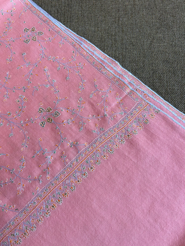 Pink Jali Sozni Embroidery Handwoven Cashmere Pashmina Scarf