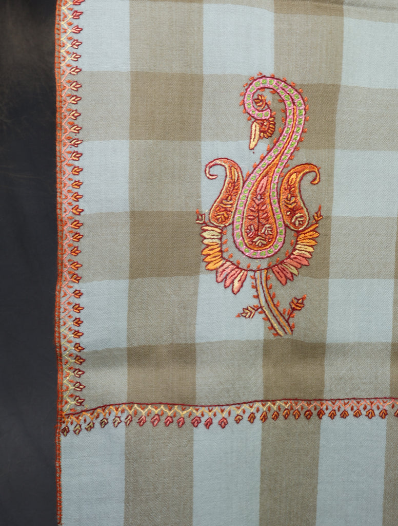 Light Blue And Natural Checked Base Paisley Merino Embroidery Shawl