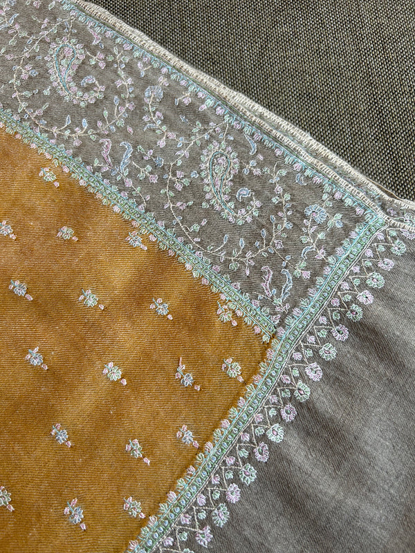 Mustard Boteh Sozni Embroidery Handwoven Cashmere Pashmina Scarf