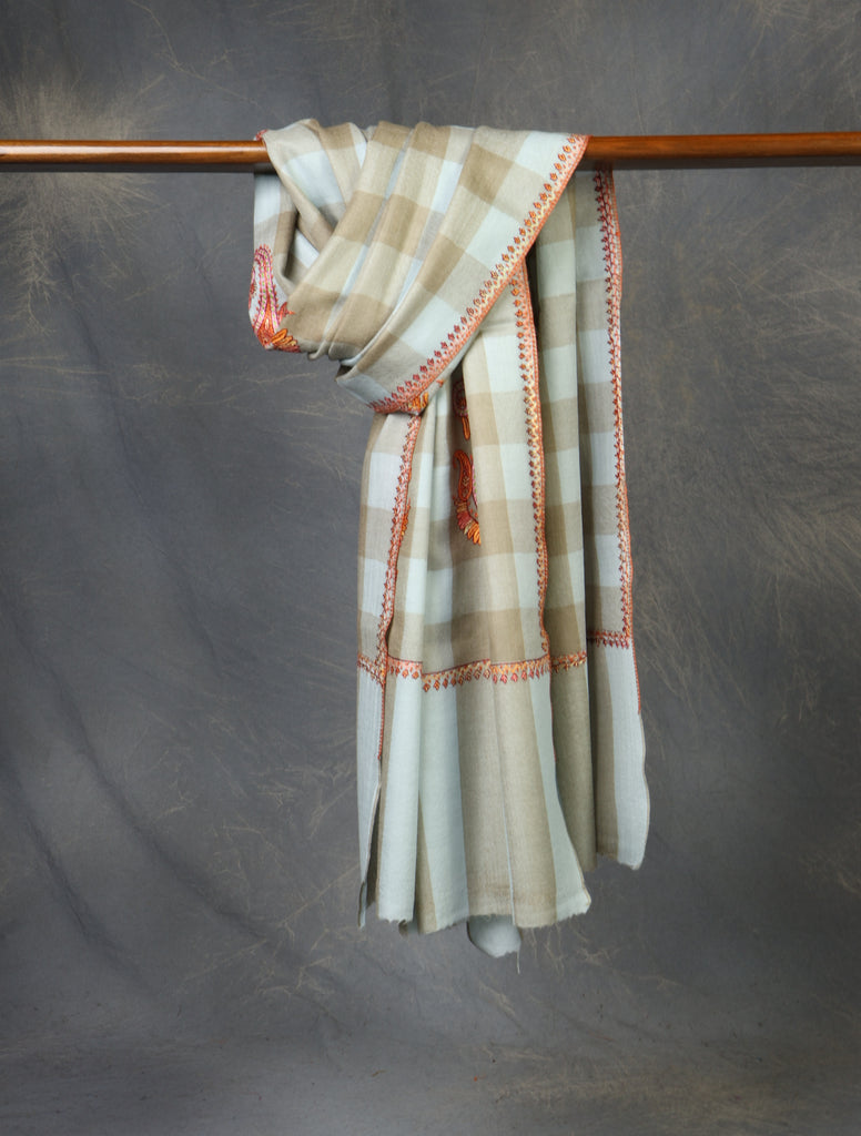 Light Blue And Natural Checked Base Paisley Merino Embroidery Shawl