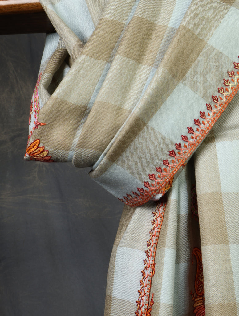 Light Blue And Natural Checked Base Paisley Merino Embroidery Shawl