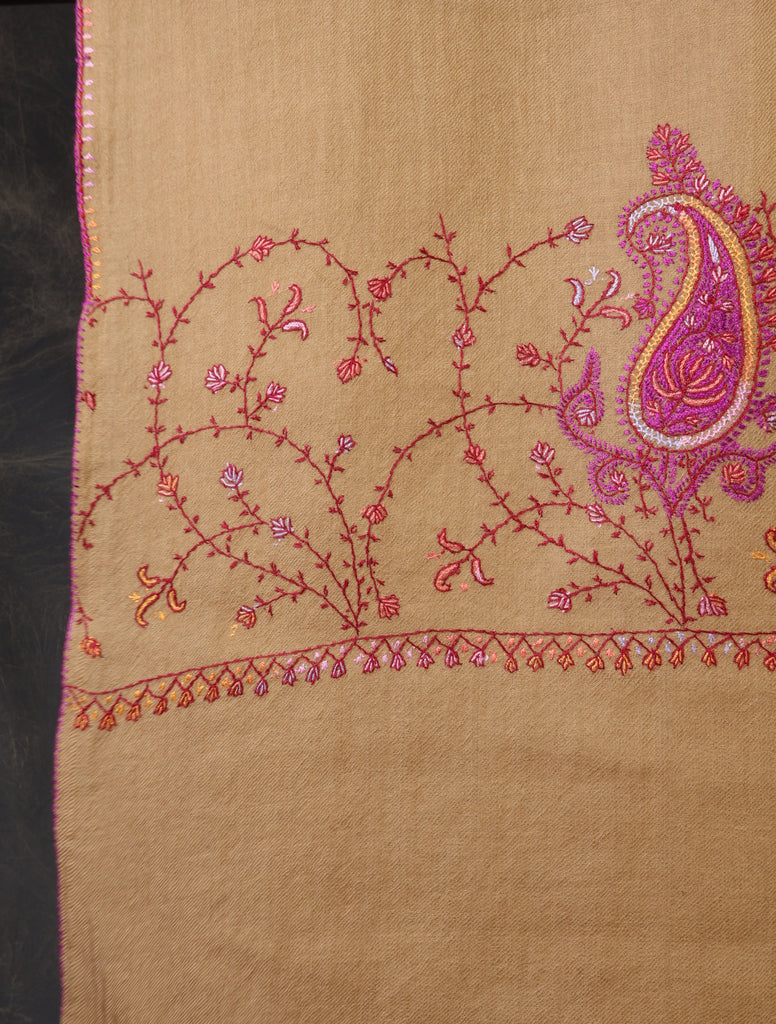 Natural Base Big Border Sozni Embroidery Merino Wool Scarf