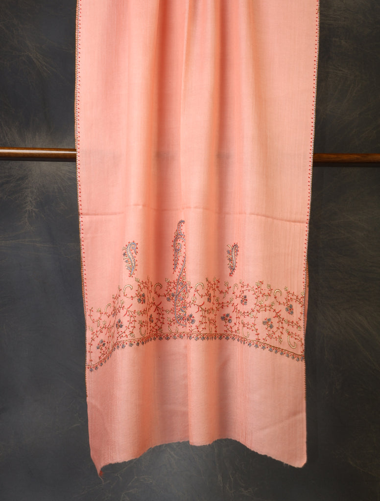 Peach Base Big Border Sozni Embroidery Merino Wool Scarf
