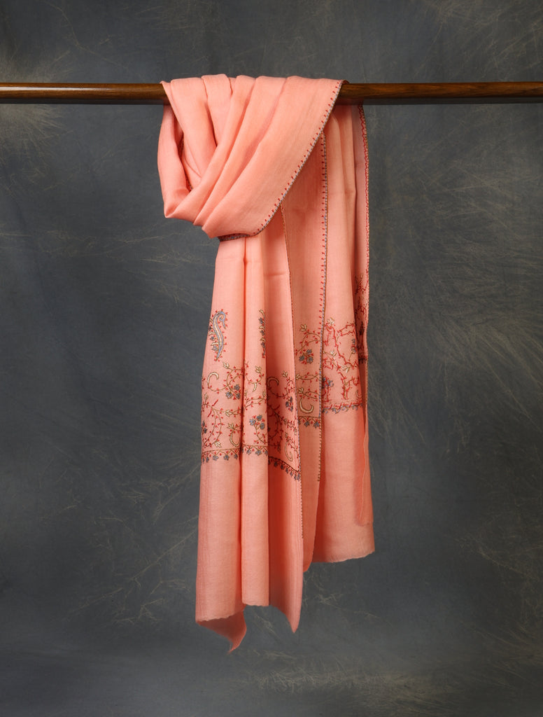 Peach Base Big Border Sozni Embroidery Merino Wool Scarf