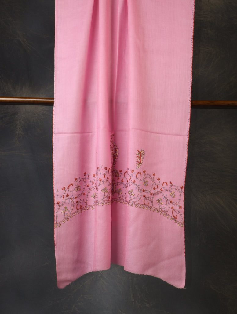 Pink Base Big Border Sozni Embroidery Merino Wool Scarf