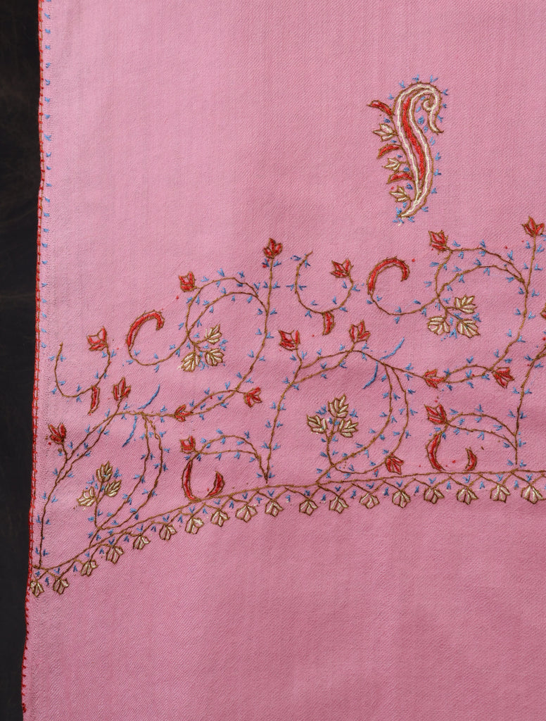 Pink Base Big Border Sozni Embroidery Merino Wool Scarf