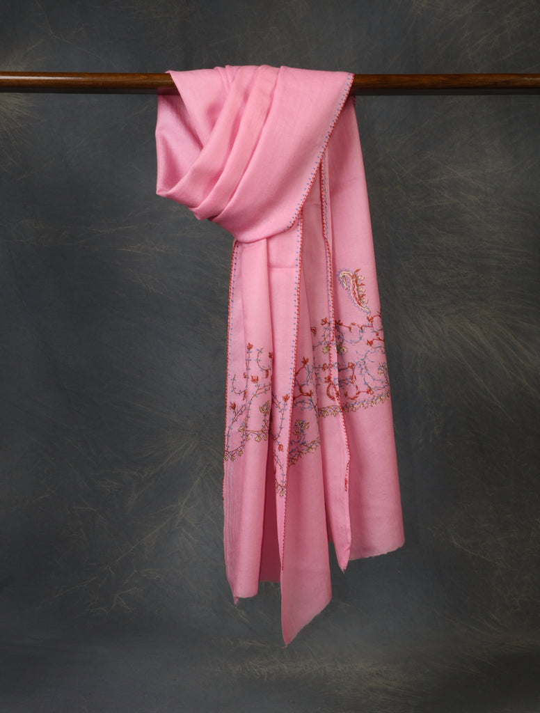 Pink Base Big Border Sozni Embroidery Merino Wool Scarf
