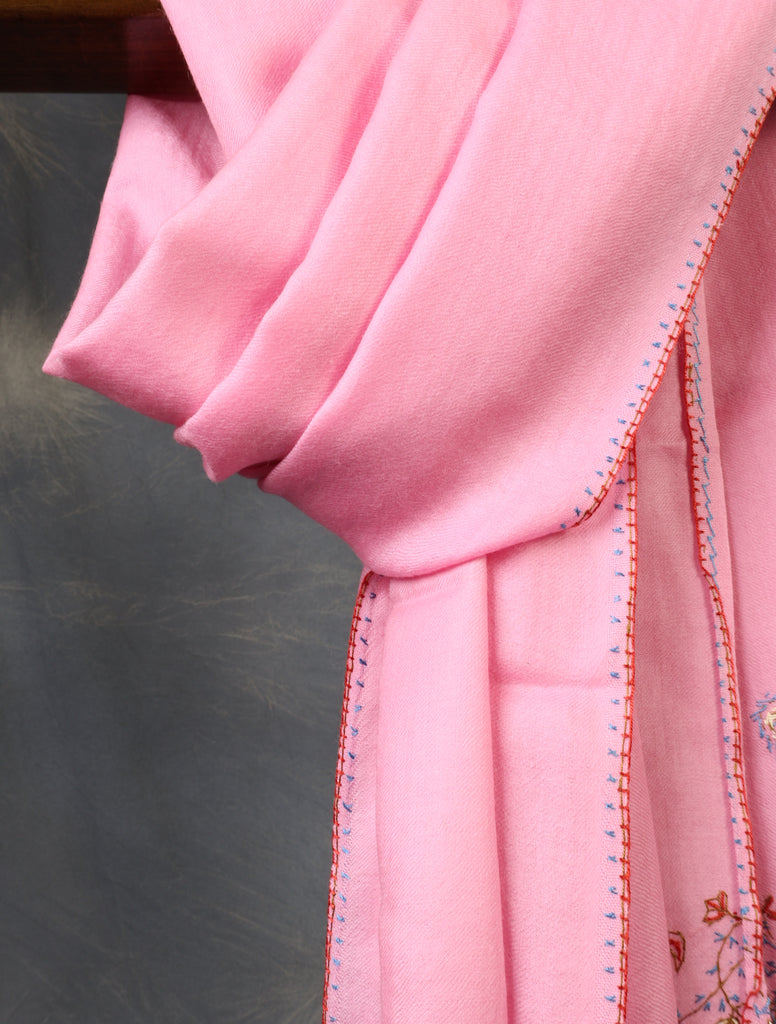 Pink Base Big Border Sozni Embroidery Merino Wool Scarf