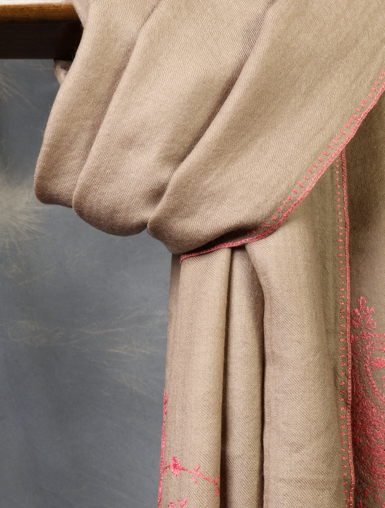 Natural Base Big Border Sozni Embroidery Merino Wool Scarf