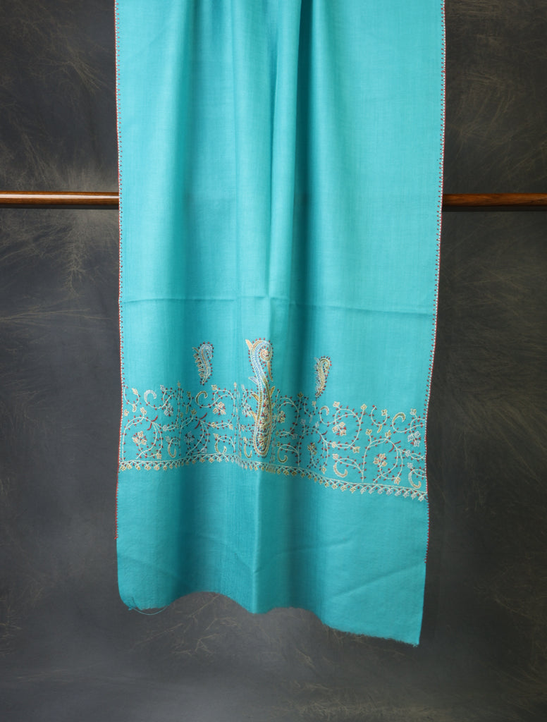 Turquoise Blue Base Big Border Sozni Embroidery Merino Wool Scarf