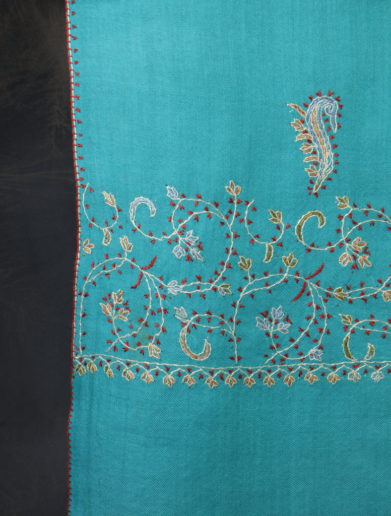 Turquoise Blue Base Big Border Sozni Embroidery Merino Wool Scarf