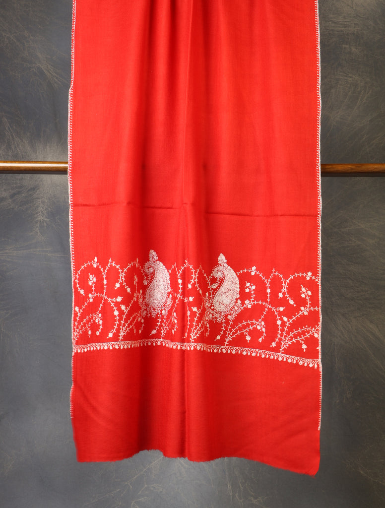 Red Base Big Border Sozni Embroidery Merino Wool Scarf