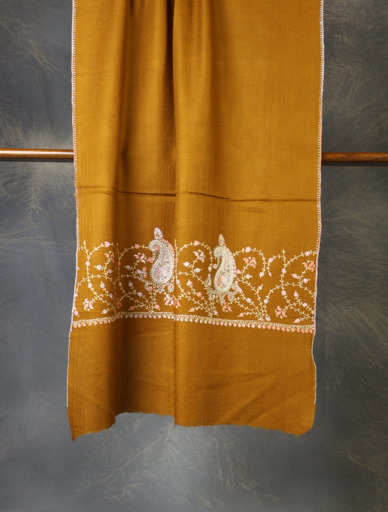 Mustard Brown Base Big Border Sozni Embroidery Merino Wool Scarf
