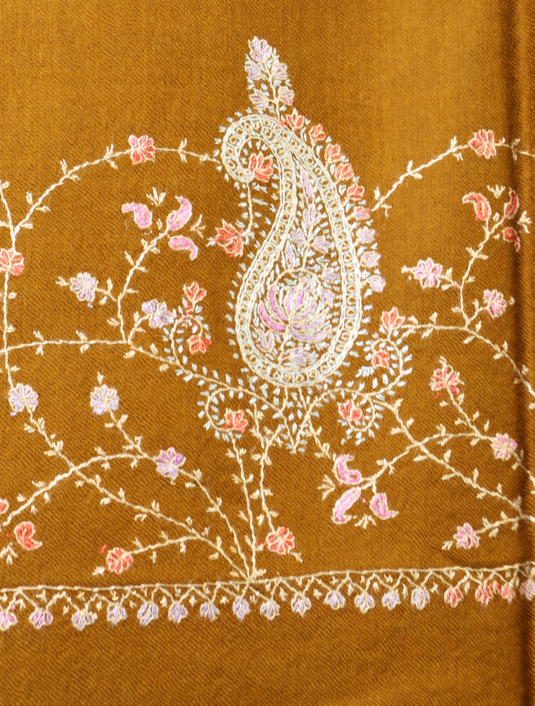 Mustard Brown Base Big Border Sozni Embroidery Merino Wool Scarf