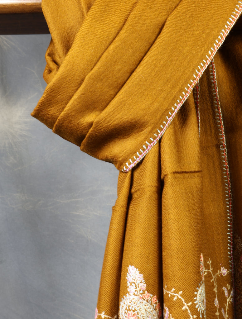 Mustard Brown Base Big Border Sozni Embroidery Merino Wool Scarf