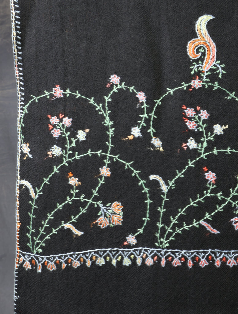 Black Base Big Border Sozni Embroidery Merino Wool Scarf
