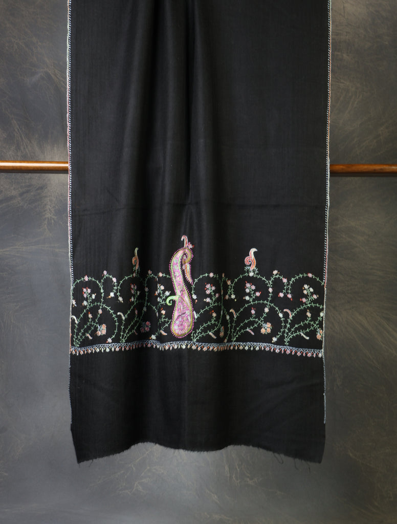 Black Base Big Border Sozni Embroidery Merino Wool Scarf