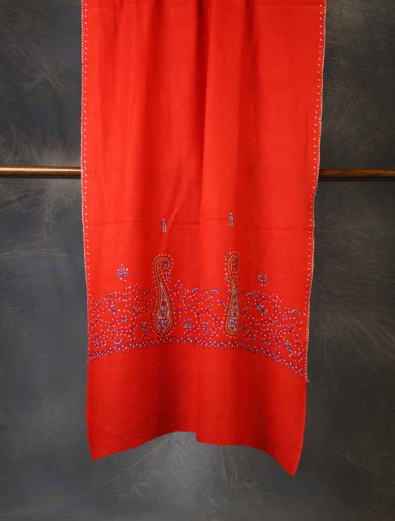 Red Base Big Border Sozni Embroidery Merino Wool Scarf