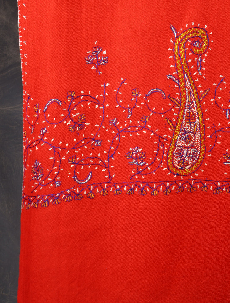 Red Base Big Border Sozni Embroidery Merino Wool Scarf