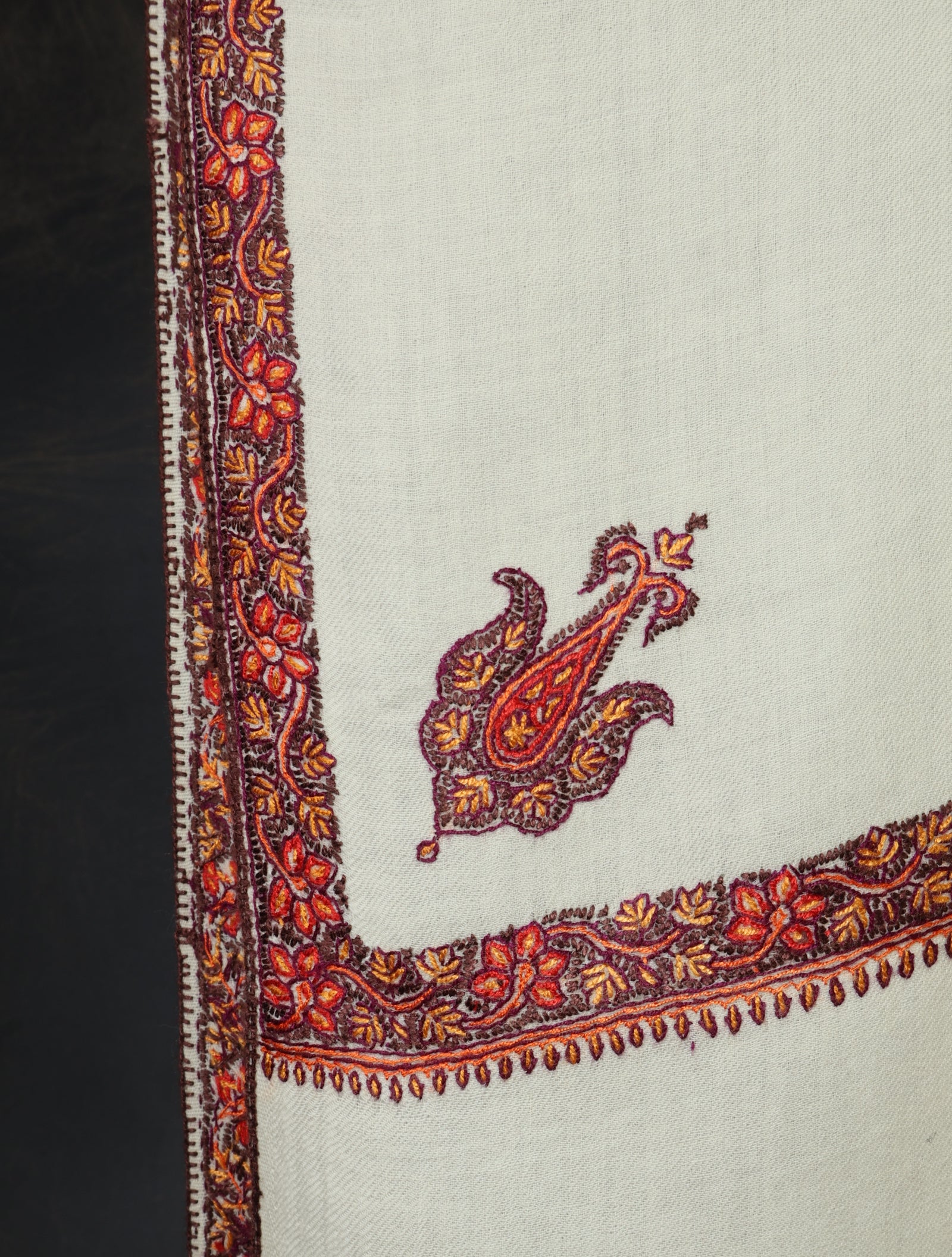 Oversized 3 yard Ivory Base Small Border Embroidery Merino Shawl