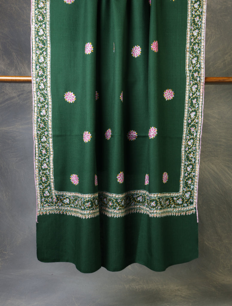 Green Base With Red Buteh Motif Merino wool Embroidery Shawl