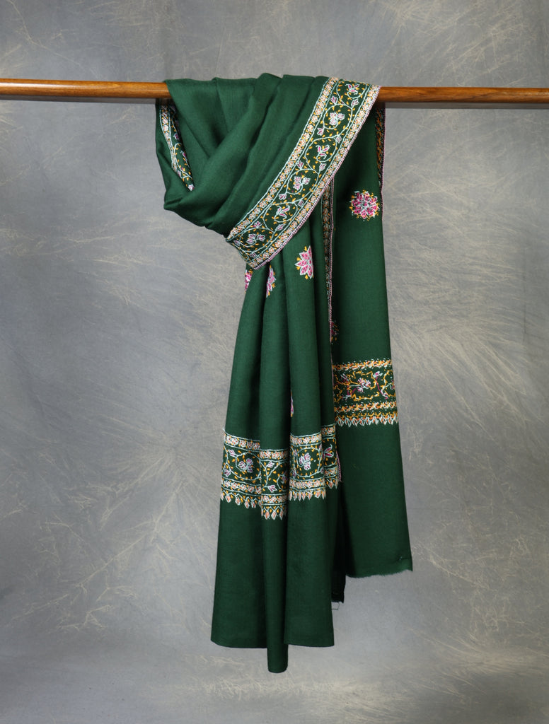 Green Base With Red Buteh Motif Merino wool Embroidery Shawl