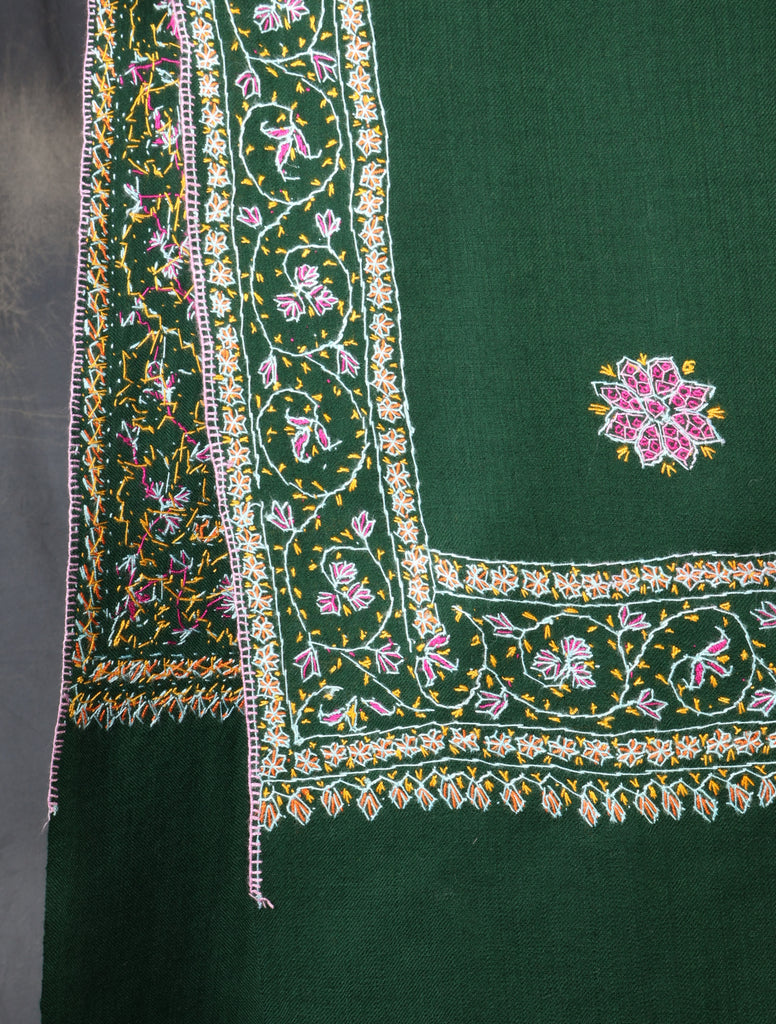 Green Base With Red Buteh Motif Merino wool Embroidery Shawl