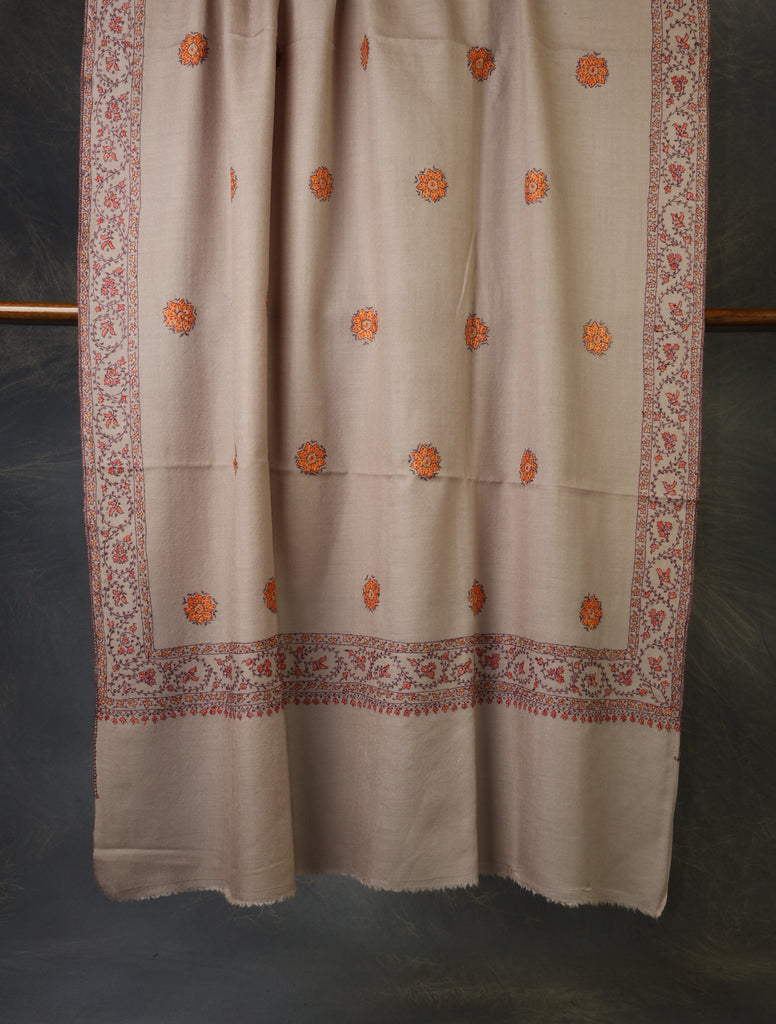 Taupe Base With Buteh Motif Merino wool Embroidery Shawl