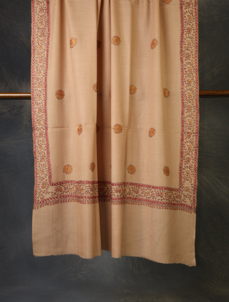 Beige Base With Red Buteh Motif Merino wool Embroidery Shawl