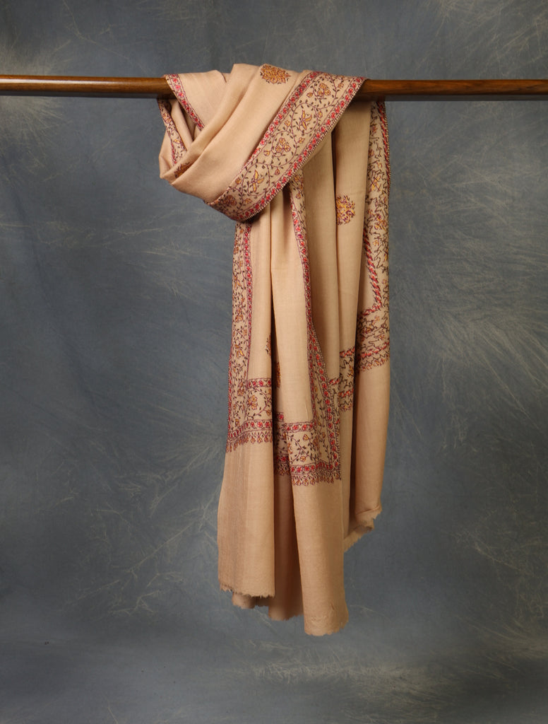 Beige Base With Red Buteh Motif Merino wool Embroidery Shawl