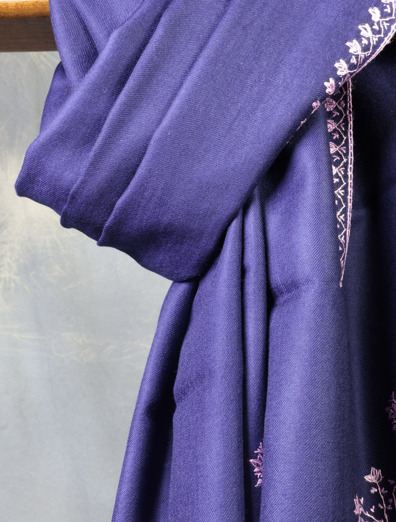 Navy Blue Base With Big Border Embroidery Merino Shawl