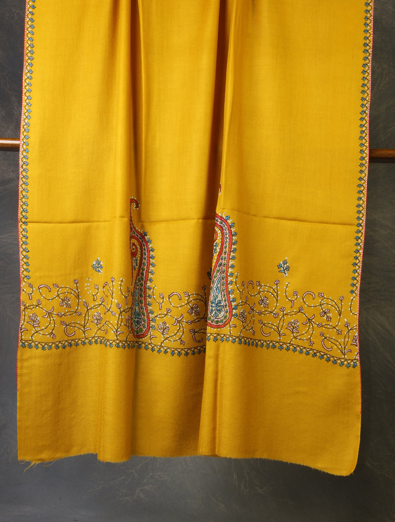 Mustard Base With Big Border Embroidery Merino Shawl