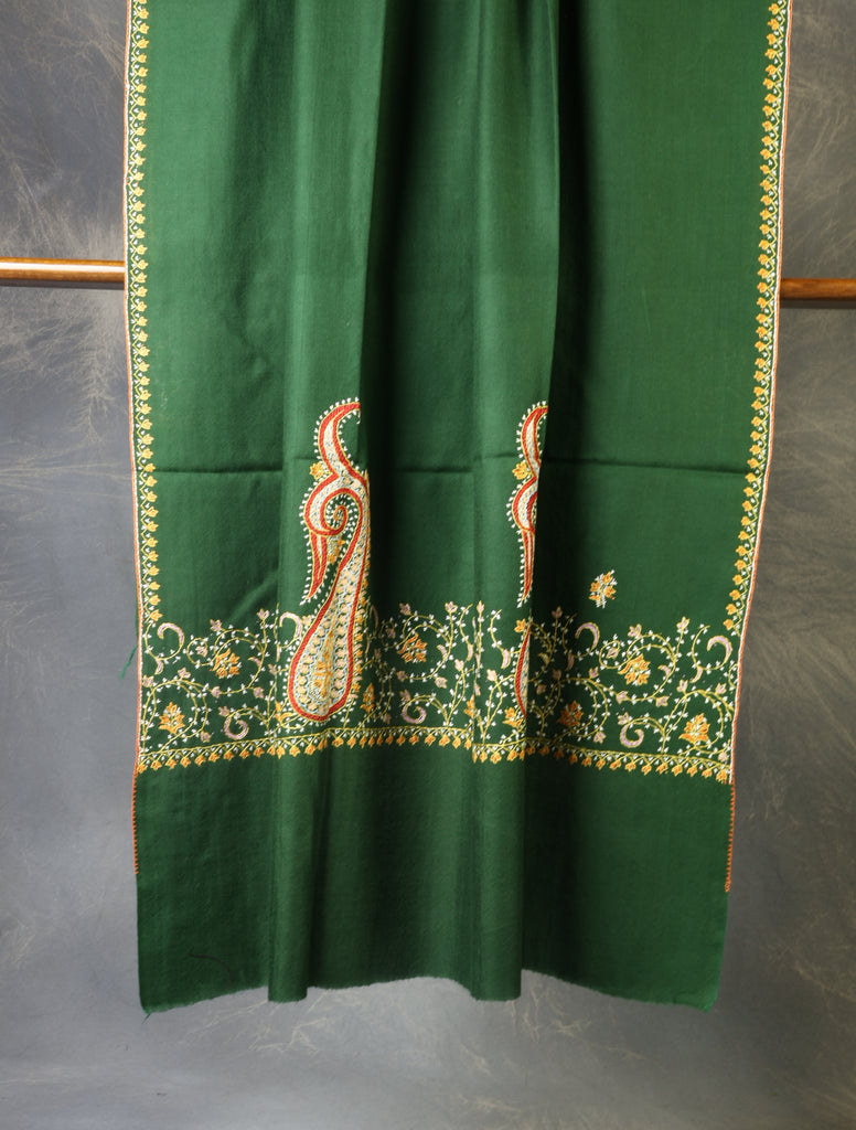 Bottle Green Base With Big Border Embroidery Merino Shawl