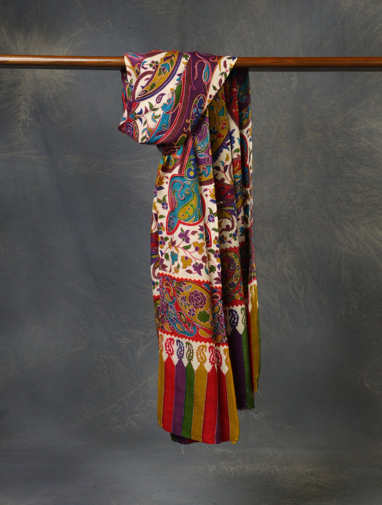 Multicolor jali Sozni Embroidery Fine Merino Wool Scarf