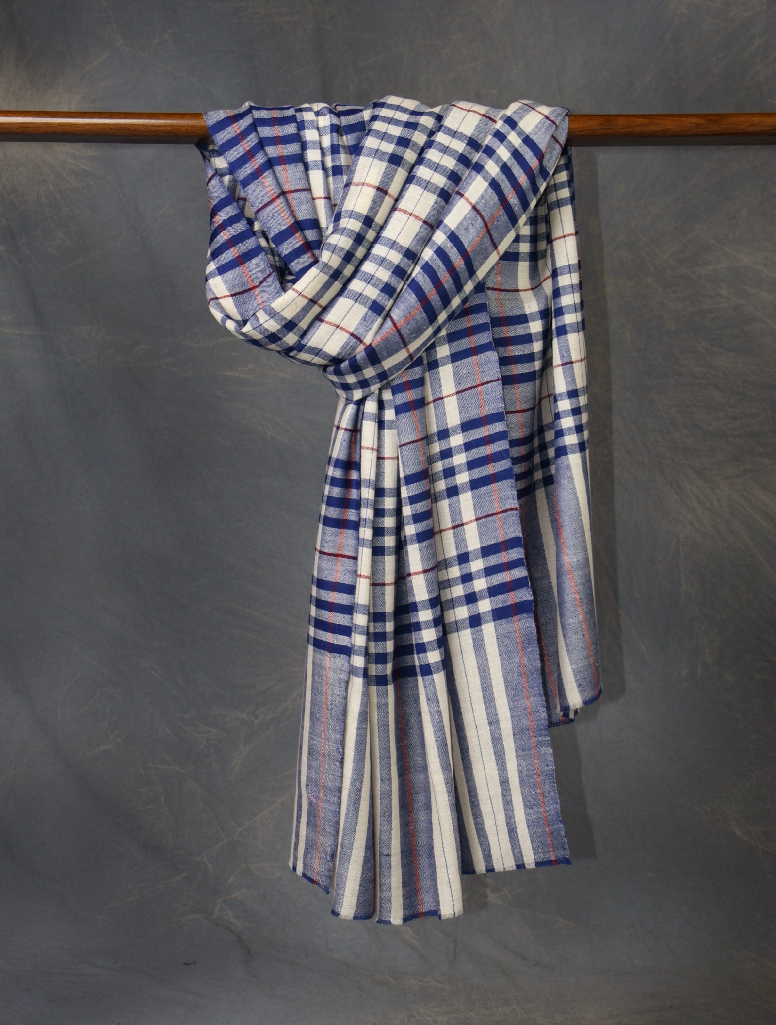 Ivory And Blue Plaid Pure Cashmere Pashmina Shaw