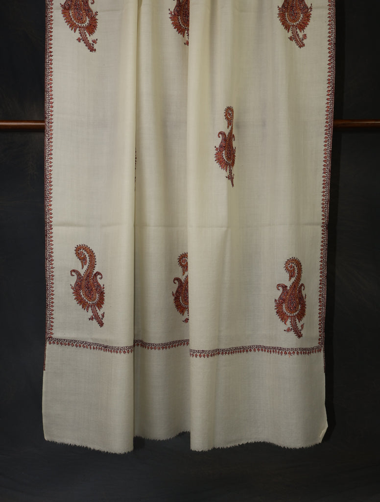 Ivory Base Paisley Merino Embroidery Shawl