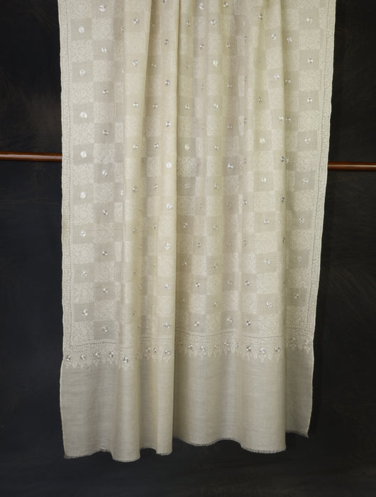 Ivory Base With Checkered Tilla Jali Embroidery Pashmina Shawl