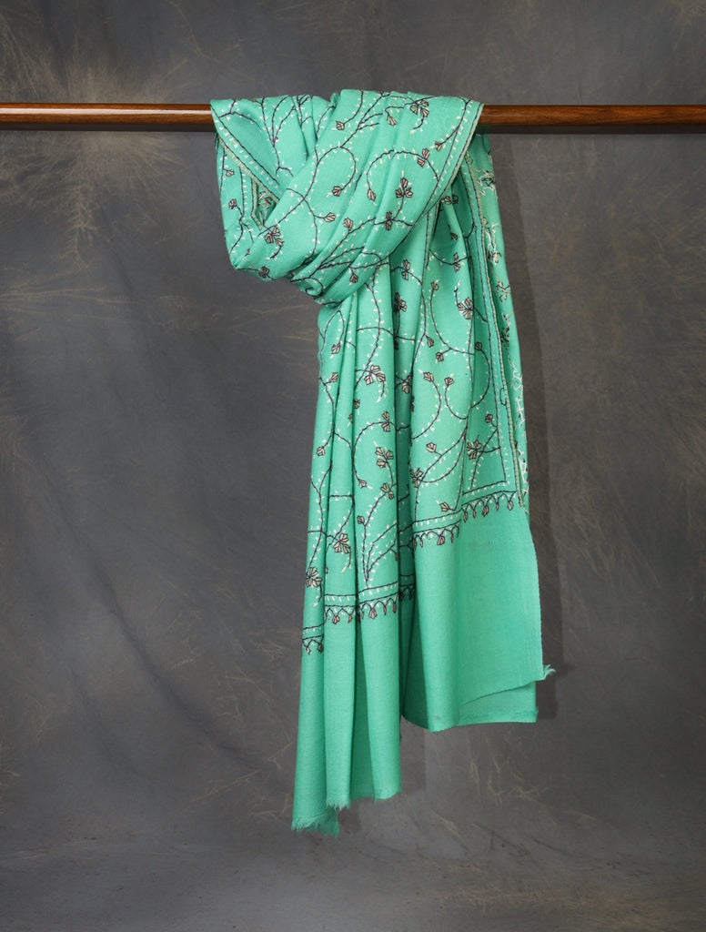 Mint Green Base Jali Sozni Embroidery Merino Wool Scarf