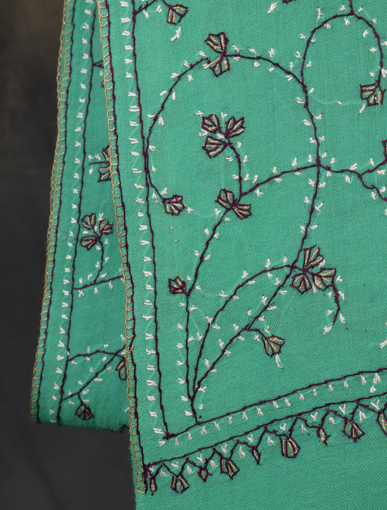 Mint Green Base Jali Sozni Embroidery Merino Wool Scarf