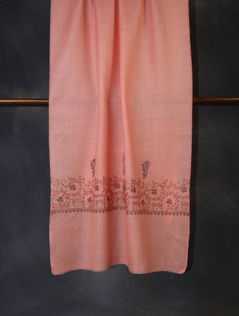 Peach Big Border Sozni Embroidery Merino Wool Scarf