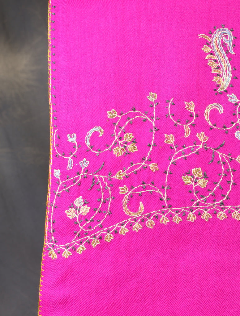 Pink Base Big Border Green Sozni Embroidery Merino Wool Scarf